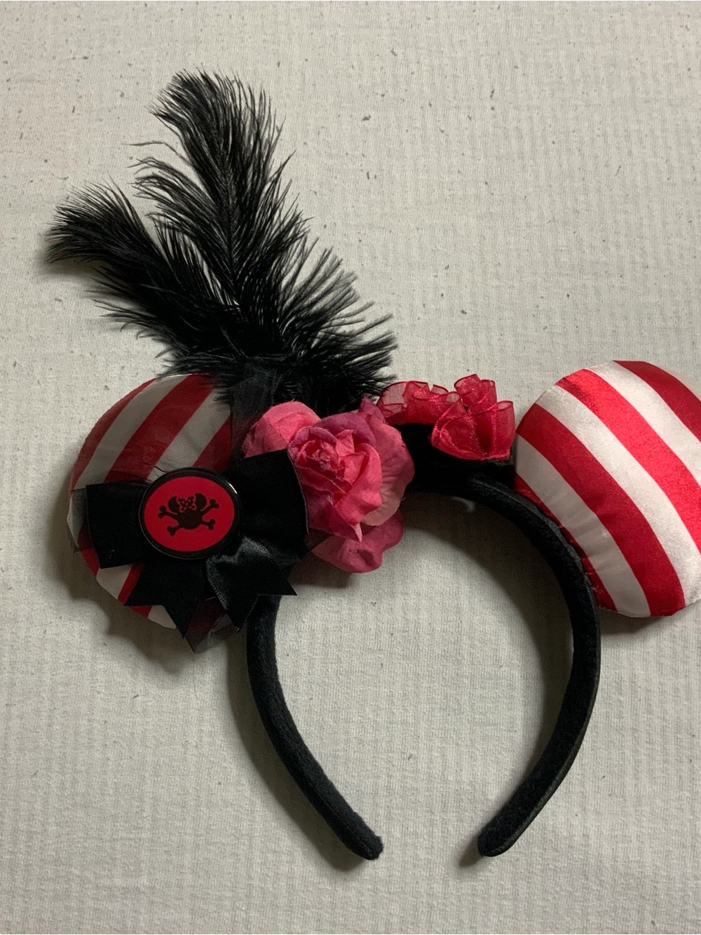Disney Red and White Stripe Pirate Mouse Ears Headband with Black Feathers